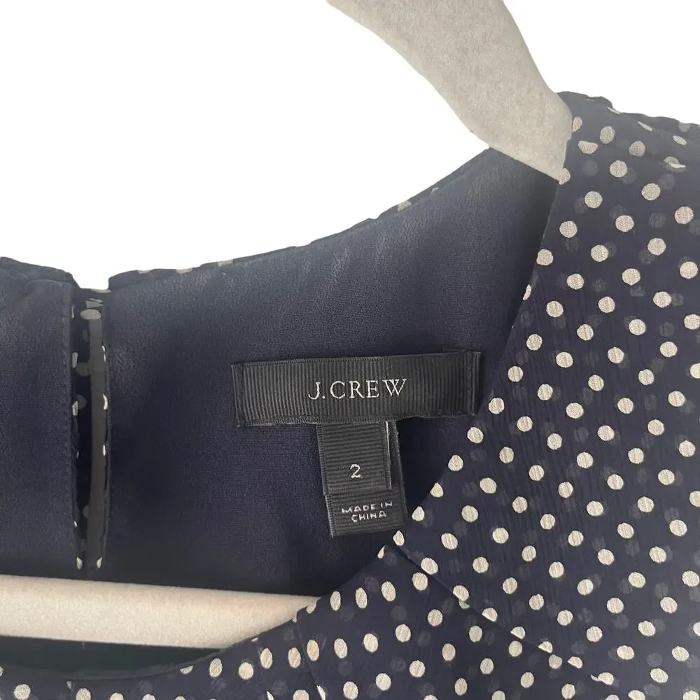 J.Crew Women's Size 2 XS Navy Blue Polka‎ Dot White 100% Silk Blouse
